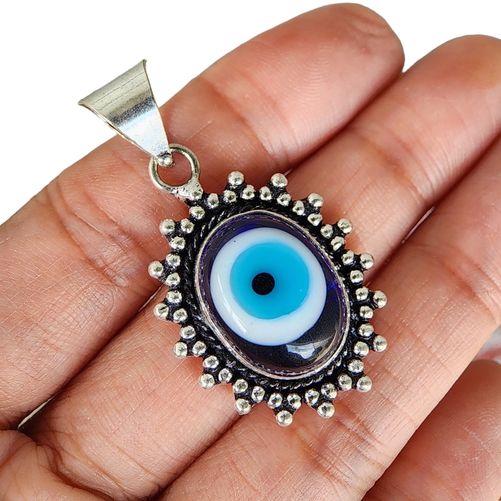 Natural Glass Evil Eye S925 Sterling Silver Designer Pendant Necklace